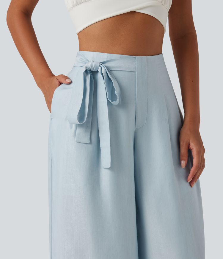 High Waisted 2-in-1 Tie Side Baggy Linen-Blend Pants with Pockets
