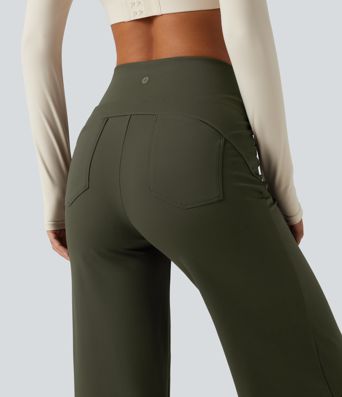 High Waisted Leopard Tummy Control Wide Leg Yoga Pants with Pockets
