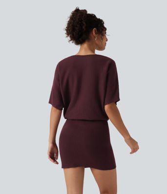 Ribbed Knit Boat Neck Batwing Short Sleeve Loose fit Mini Casual Dress