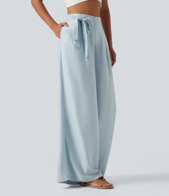 High Waisted 2-in-1 Tie Side Baggy Linen-Blend Pants with Pockets
