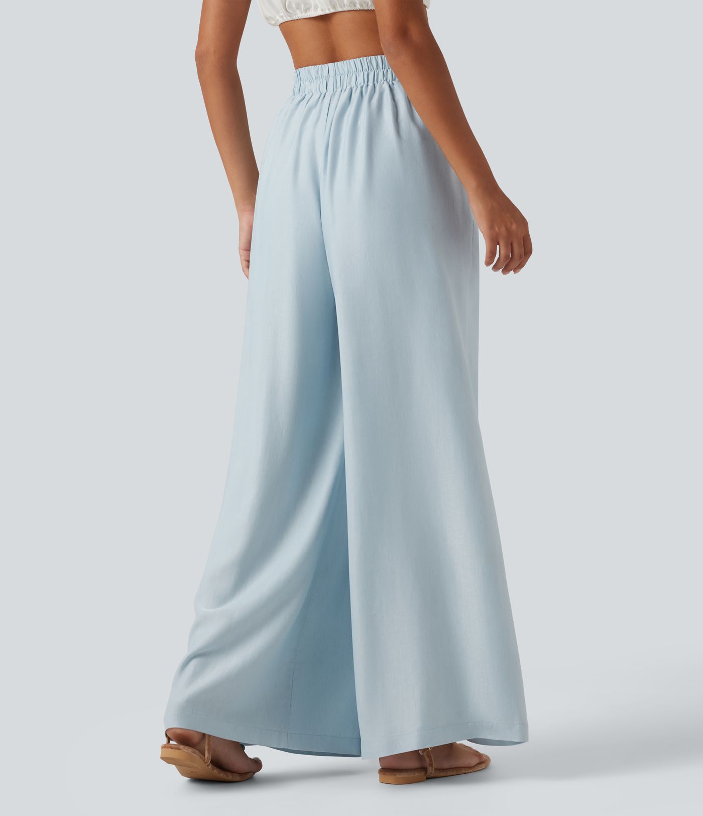 High Waisted 2-in-1 Tie Side Baggy Linen-Blend Pants with Pockets
