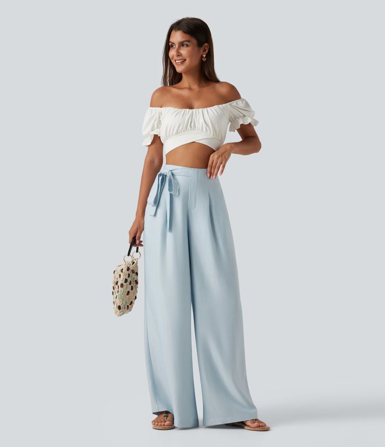High Waisted 2-in-1 Tie Side Baggy Linen-Blend Pants with Pockets