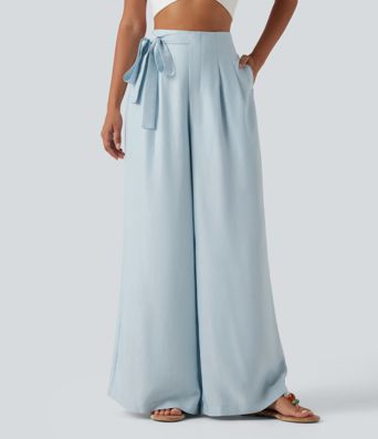 High Waisted 2-in-1 Tie Side Baggy Linen-Blend Pants with Pockets