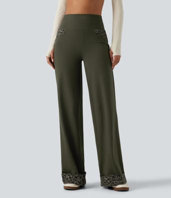High Waisted Leopard Tummy Control Wide Leg Yoga Pants with Pockets