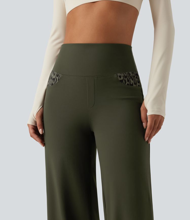 High Waisted Leopard Tummy Control Wide Leg Yoga Pants with Pockets