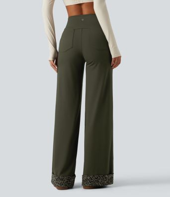 High Waisted Leopard Tummy Control Wide Leg Yoga Pants with Pockets
