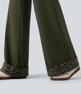 High Waisted Leopard Tummy Control Wide Leg Yoga Pants with Pockets