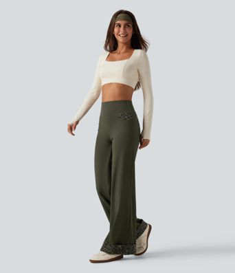 High Waisted Leopard Tummy Control Wide Leg Yoga Pants with Pockets