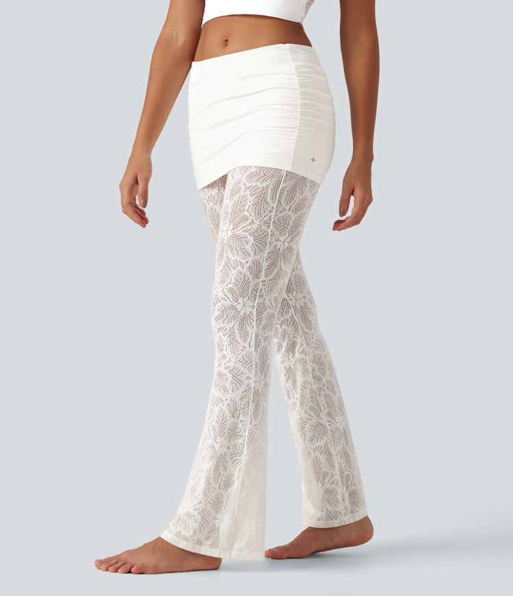 SoftlyZero™ High Stretch Lace Bootcut Casual Skirted Leggings with Pockets