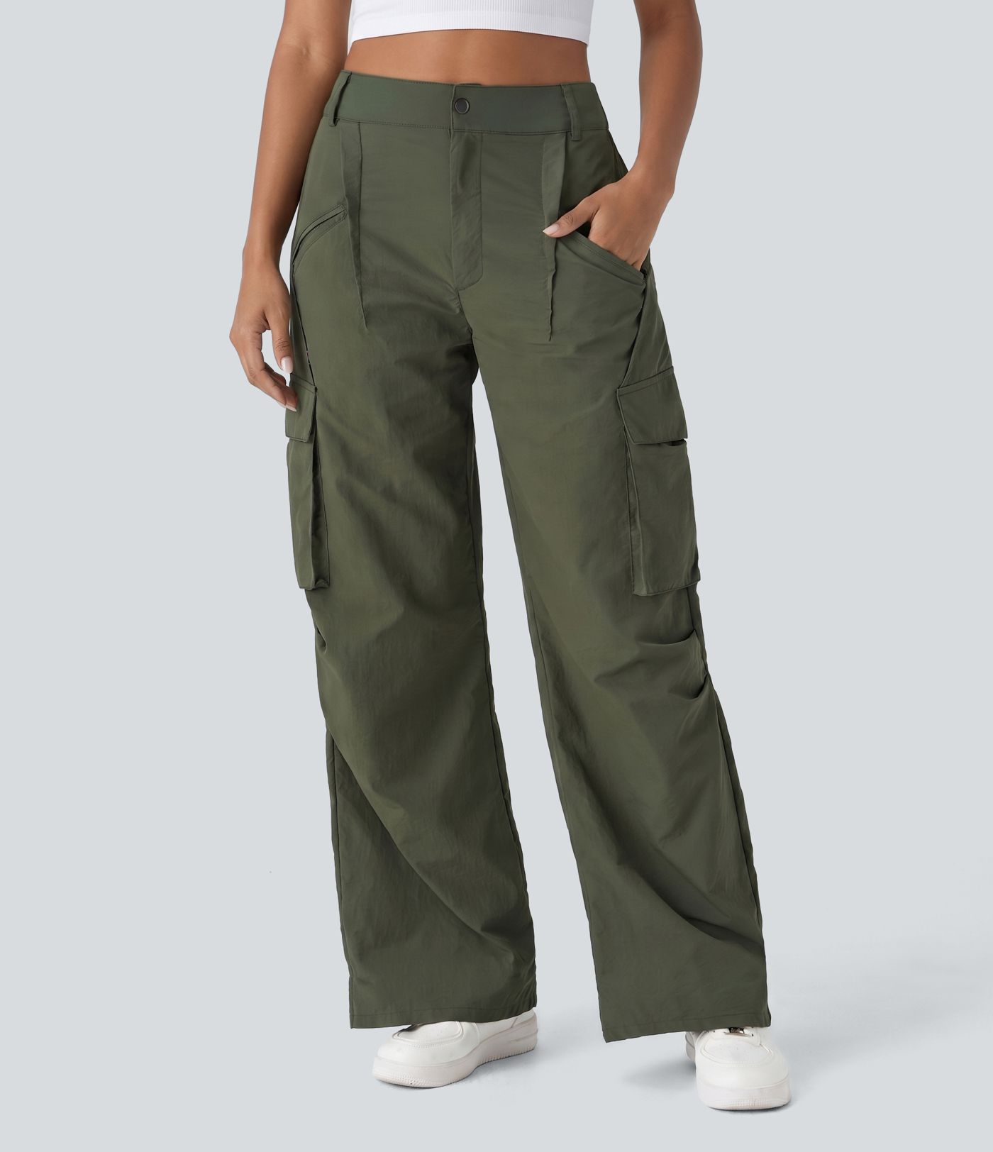 Mid Rise Button Zipper Side Pocket Wide Leg Baggy Casual Cargo Pants Mid Rise Button Zipper Side Pocket Wide Leg Baggy Casual Cargo Pants