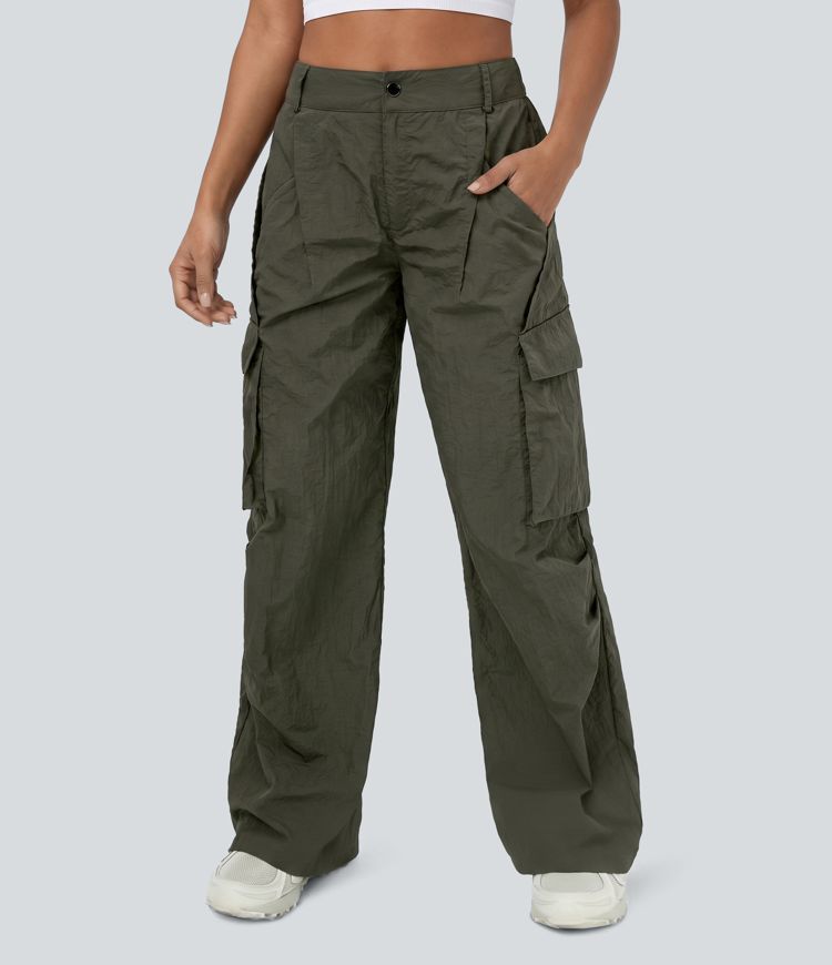 Mid Rise Button Zipper Side Pocket Wide Leg Baggy Casual Cargo Pants Mid Rise Button Zipper Side Pocket Wide Leg Baggy Casual Cargo Pants