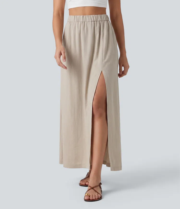 High Waisted Split Hem Maxi Casual Linen-Feel Skirt with Pockets