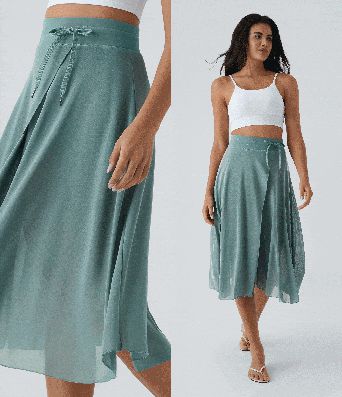 High Waisted Drawstring Contrast Mesh 2-in-1 Pocket Flowy Midi Flare Casual Skirt High Waisted Drawstring Contrast Mesh 2-in-1 Pocket Flowy Midi Flare Casual Skirt