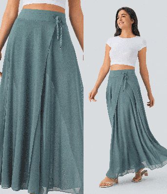 High Waisted Drawstring Contrast Mesh 2-in-1 Pocket Flowy Maxi Flare Casual Skirt