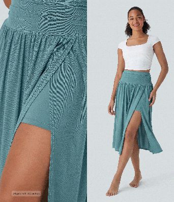 High Waisted 2-in-1 Split Flowy Midi Dance Skirt with Side Pocket High Waisted 2-in-1 Split Flowy Midi Dance Skirt with Side Pocket
