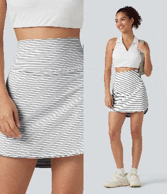 Ultra High-Waist Tummy Control Curved Hem 2-in-1 Stripes Golf Mini Skirt with Pockets Ultra High-Waist Tummy Control Curved Hem 2-in-1 Stripes Golf Mini Skirt with Pockets