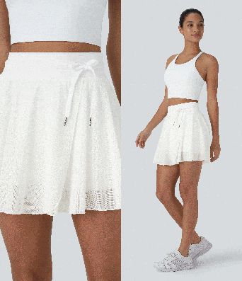 High Waisted Drawstring Contrast Mesh 2-in-1 Pocket Flowy Mini Flare Casual Skirt High Waisted Drawstring Contrast Mesh 2-in-1 Pocket Flowy Mini Flare Casual Skirt