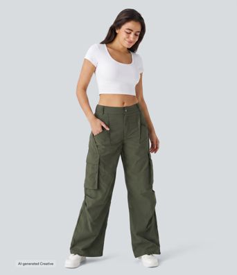 Mid Rise Button Zipper Side Pocket Wide Leg Baggy Casual Cargo Pants Mid Rise Button Zipper Side Pocket Wide Leg Baggy Casual Cargo Pants