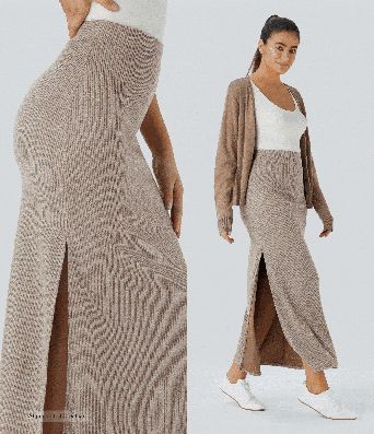 Jupe maxi décontractée taille haute, coupe trapèze (A-line) à ourlet côtelé