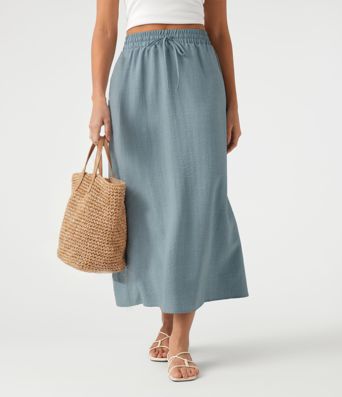 High Waisted Drawstring Maxi Linen-Feel Casual Skirt