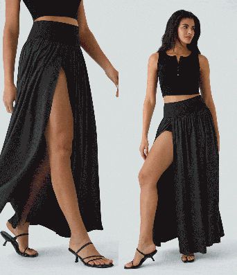 Breezeful™ Jupe Taille Haute Casual Maxi Séchage Rapide Fluide Fente Plissée 2 en 1