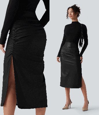 High Waisted Tummy Control Ruched Curved Hem 2-in-1 Fleece PU Midi Casual Skirt High Waisted Tummy Control Ruched Curved Hem 2-in-1 Fleece PU Midi Casual Skirt