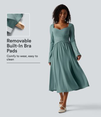 Vestido midi casual de manga larga con sujetador integrado, escote cruzado, corte fluido y bolsillos