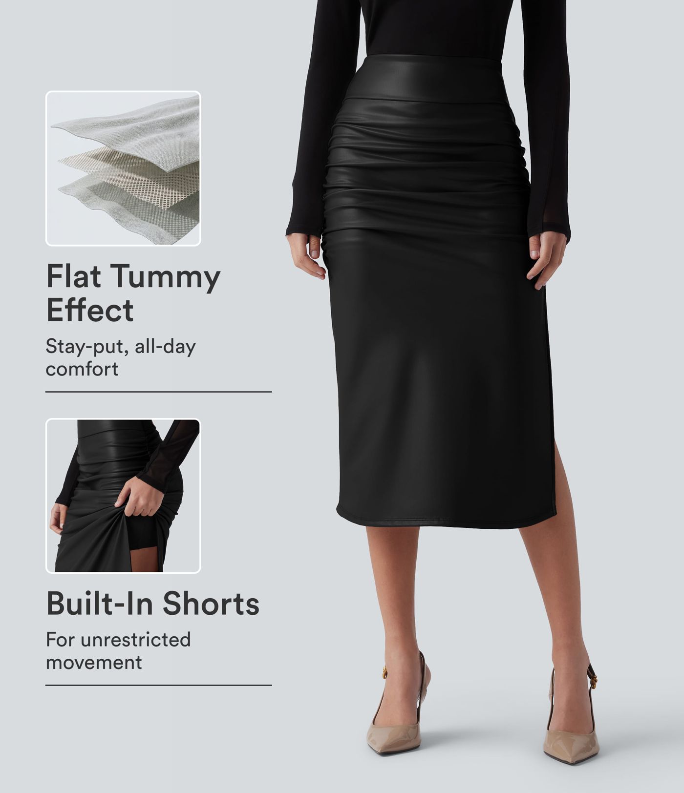 High Waisted Tummy Control Ruched Curved Hem 2-in-1 Fleece PU Midi Casual Skirt High Waisted Tummy Control Ruched Curved Hem 2-in-1 Fleece PU Midi Casual Skirt
