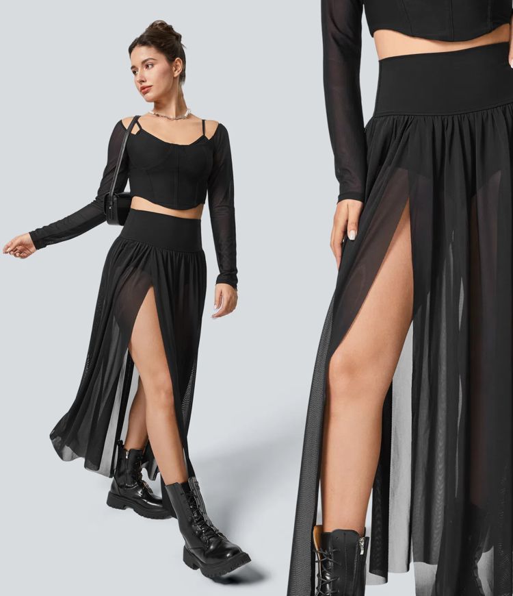 Jupe Casual Taille Haute Maxi Fluide Mesh Fente Plissée 2 en 1 Jupe Casual Taille Haute Maxi Fluide Mesh Fente Plissée 2 en 1