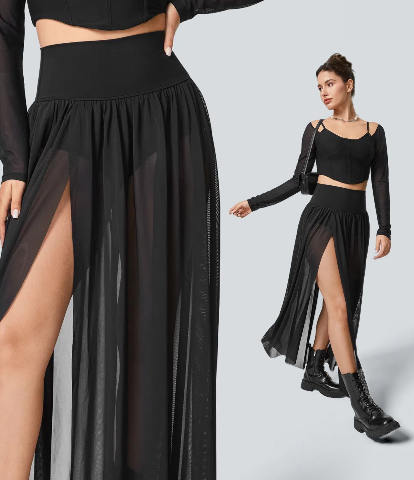 Jupe Casual Taille Haute Maxi Fluide Mesh Fente Plissée 2 en 1 Jupe Casual Taille Haute Maxi Fluide Mesh Fente Plissée 2 en 1