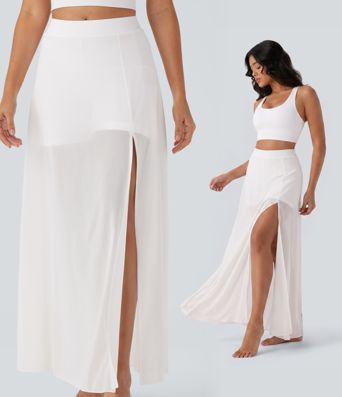 Jupe maxi fluide de danse 2-en-1 à taille mi-haute, fente et poches latérales