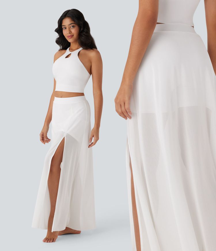 Jupe maxi fluide de danse 2-en-1 à taille mi-haute, fente et poches latérales Jupe maxi fluide de danse 2-en-1 à taille mi-haute, fente et poches latérales