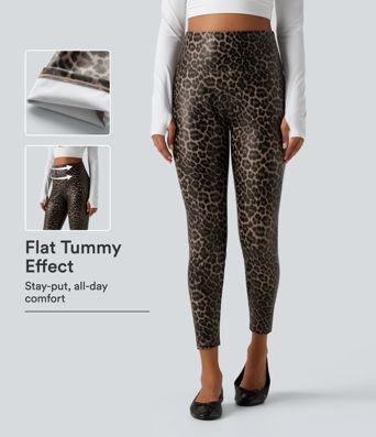 High Waisted Tummy Control Stretchy PU Leopard Print Skinny Casual Leggings with Pockets