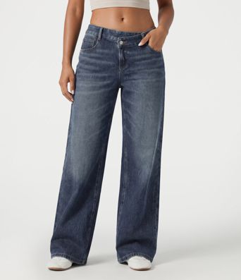 Halara Flex™ Asymmetric Low Rise Baggy Washed Casual Jeans with Pockets Halara Flex™ Asymmetric Low Rise Baggy Washed Casual Jeans with Pockets