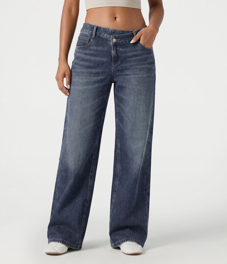 Halara Flex™ Asymmetric Low Rise Baggy Washed Casual Jeans with Pockets Halara Flex™ Asymmetric Low Rise Baggy Washed Casual Jeans with Pockets