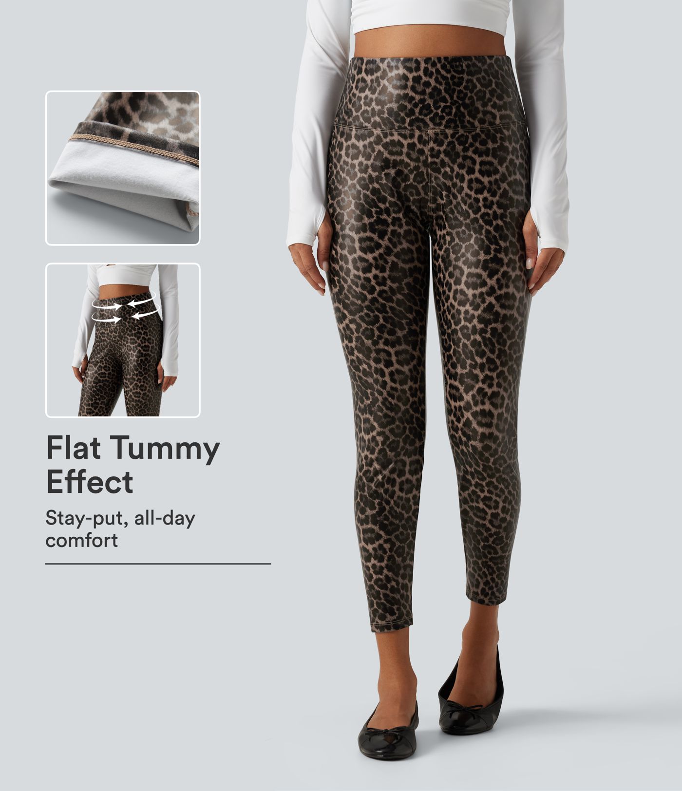 High Waisted Tummy Control Stretchy PU Leopard Print Skinny Casual Leggings with Pockets High Waisted Tummy Control Stretchy PU Leopard Print Skinny Casual Leggings with Pockets