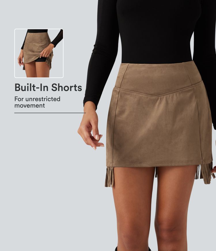 High Waisted Bodycon 2-in-1 Fringe Hem Suede Mini Skirt High Waisted Bodycon 2-in-1 Fringe Hem Suede Mini Skirt