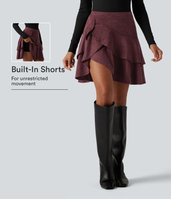 High Waisted Tiered Ruffle Hem 2-in-1 Longer Mini Suede Casual Skirt with Pocket