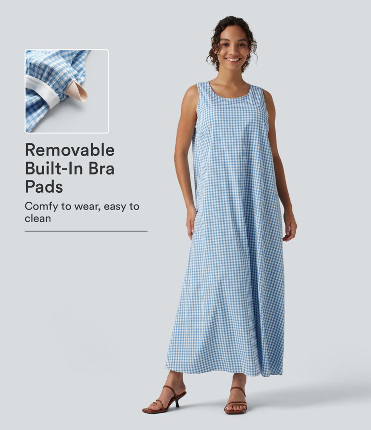 Robe midi sans manches col rond en vichy froissé, style débardeur décontracté, avec poches — pour bonnets DD–F Robe midi sans manches col rond en vichy froissé, style débardeur décontracté, avec poches — pour bonnets DD–F