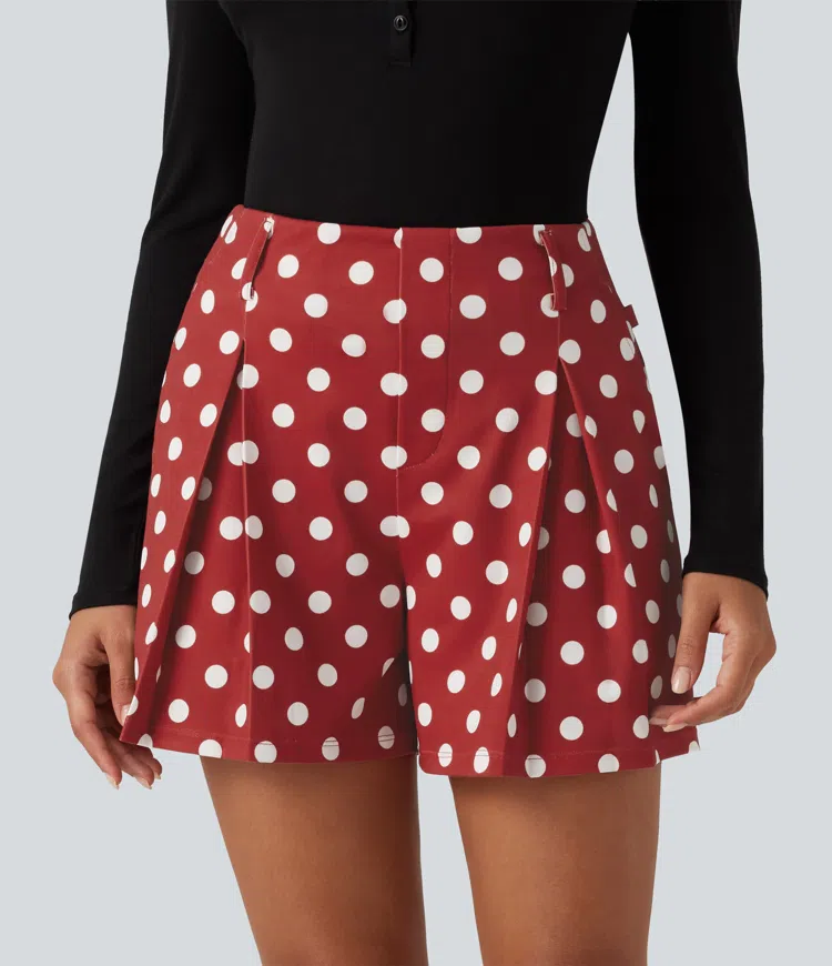 Mid Rise Wide Leg Polka Dot Casual Shorts 4" with Pockets