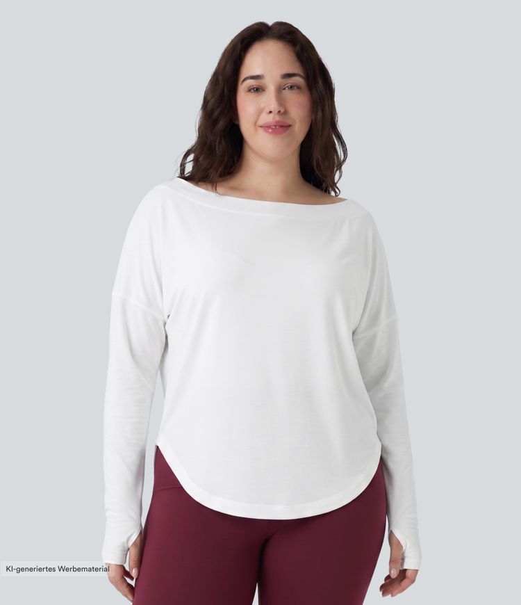 Yoga-Sport-Top mit langen Ärmeln, Daumenlöchern, One-Shoulder-Design und abgerundetem Saum - Plus-Size, schnelltrocknend