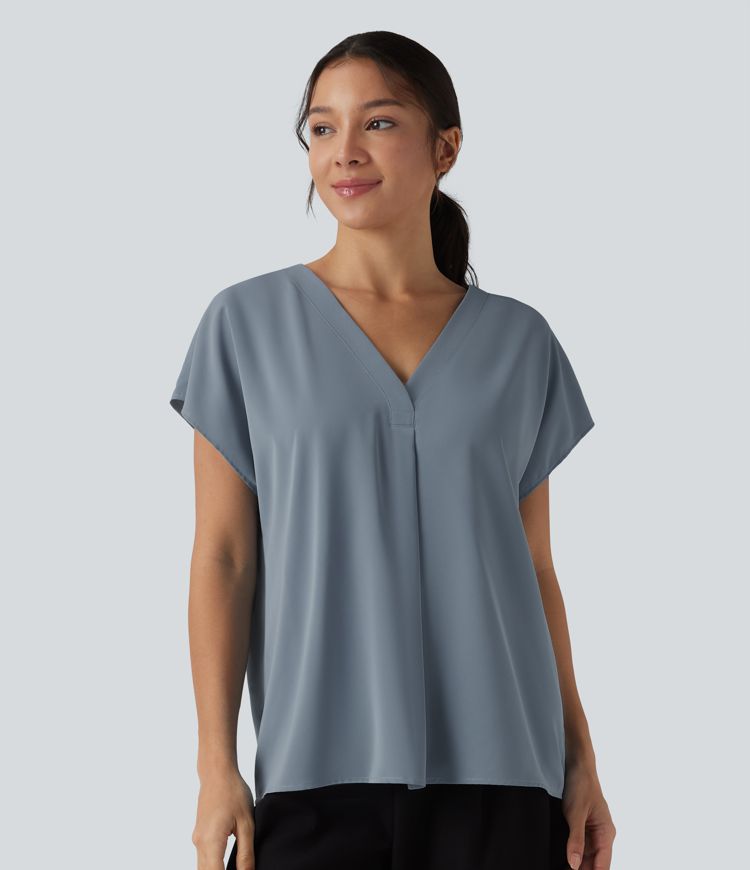 Blouse esprit bureau oversize défroissage facile, col V et manches courtes