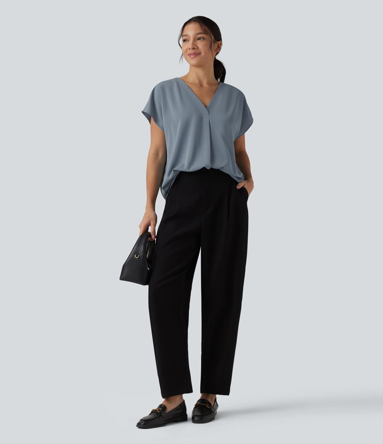 Blouse esprit bureau oversize défroissage facile, col V et manches courtes