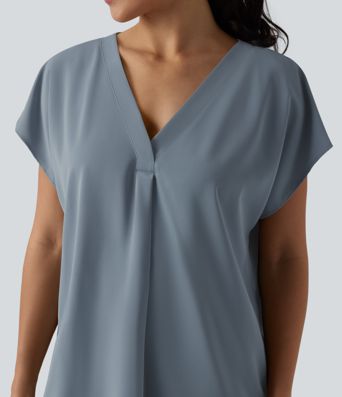 Blouse esprit bureau oversize défroissage facile, col V et manches courtes