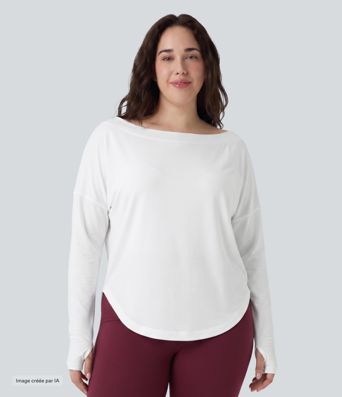 Haut de yoga grande taille à séchage rapide, une épaule, manches longues avec passe-pouces et ourlet arrondi plus long au dos