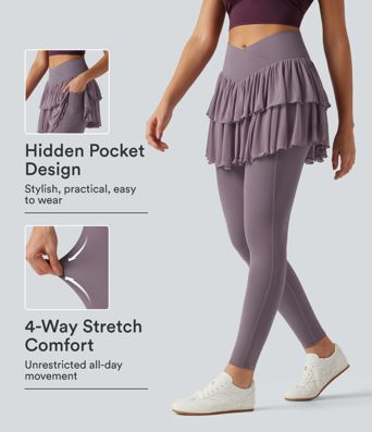 Softlyzero™ High Waisted Crossover Contrast Mesh Workout Skirted Leggings with Pockets Softlyzero™ High Waisted Crossover Contrast Mesh Workout Skirted Leggings with Pockets