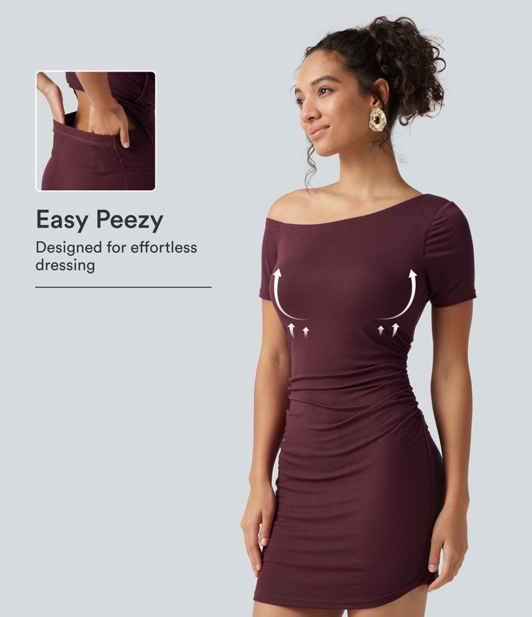 Ribbed One Shoulder Built-in Bra Short Sleeve Bodycon 2-in-1 Mini Casual Dress with Pockets-Easy Peezy Edition Ribbed One Shoulder Built-in Bra Short Sleeve Bodycon 2-in-1 Mini Casual Dress with Pockets-Easy Peezy Edition