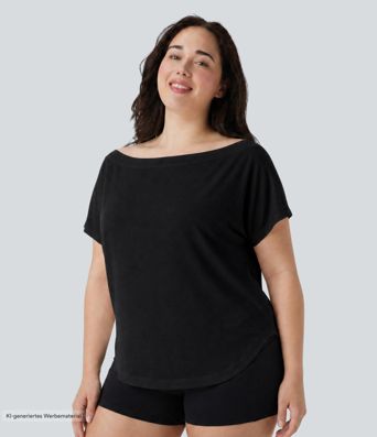 Yoga-Sport-Top mit kurzen Ärmeln, One-Shoulder-Design und abgerundetem Saum - Plus-Size, schnelltrocknend