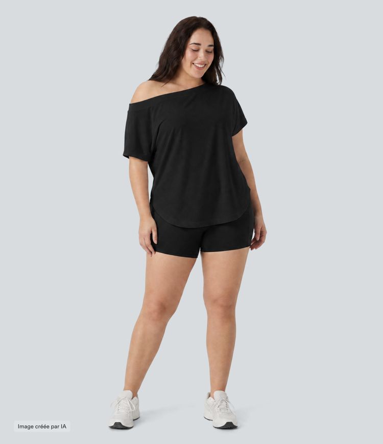 Haut de yoga grande taille à séchage rapide, une épaule, manches courtes et ourlet arrondi plus long au dos