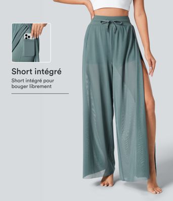 Pantalon Yoga 2 en 1 à Taille Haute avec Cordon de Serrage Maille Contrastée Fendu Poche Latérale et Jambes Amples et Fluides